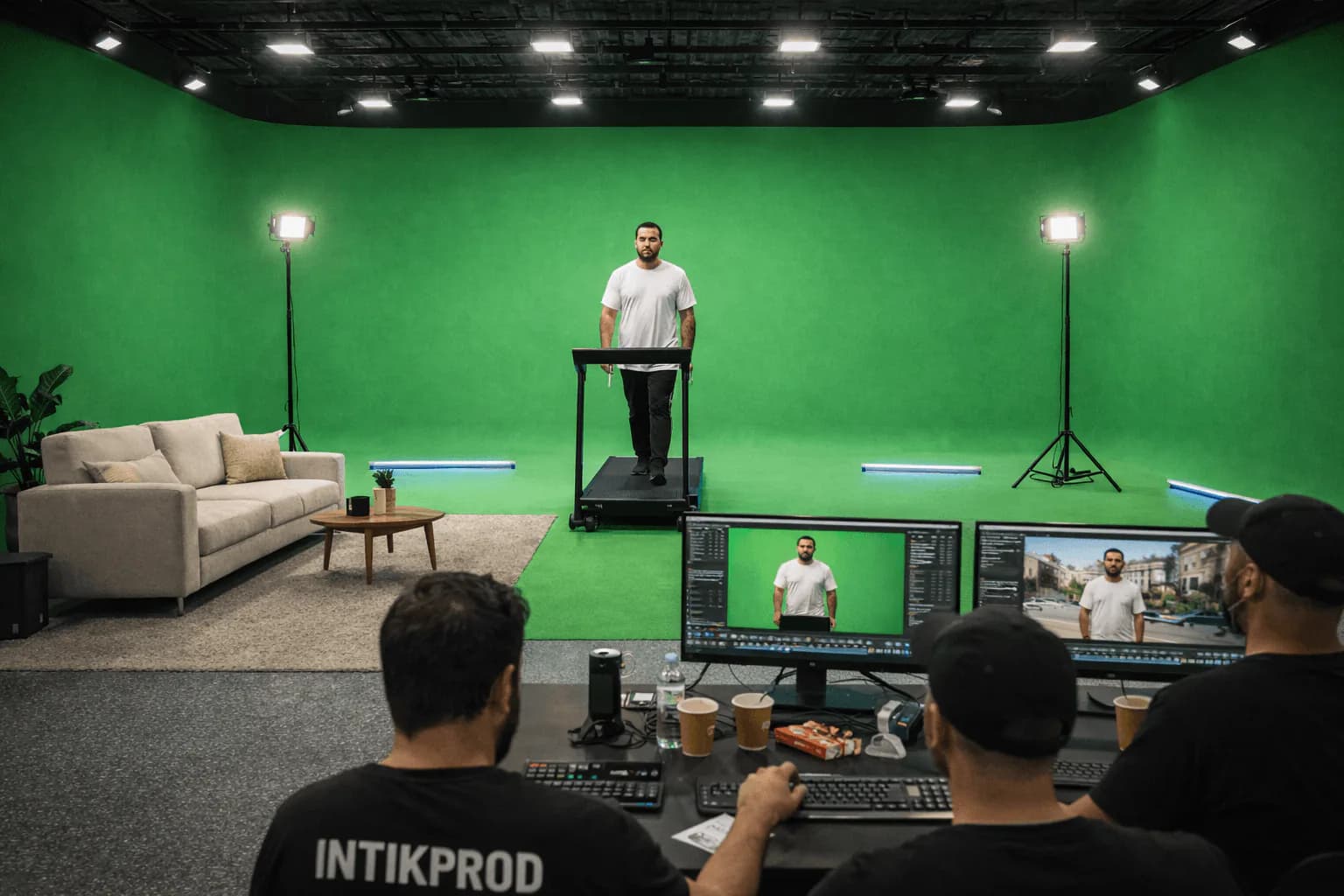 L'équipe INTIK réunie sur un tournage fond vert : plateau, lumière et contrôle des prises dans le même studio