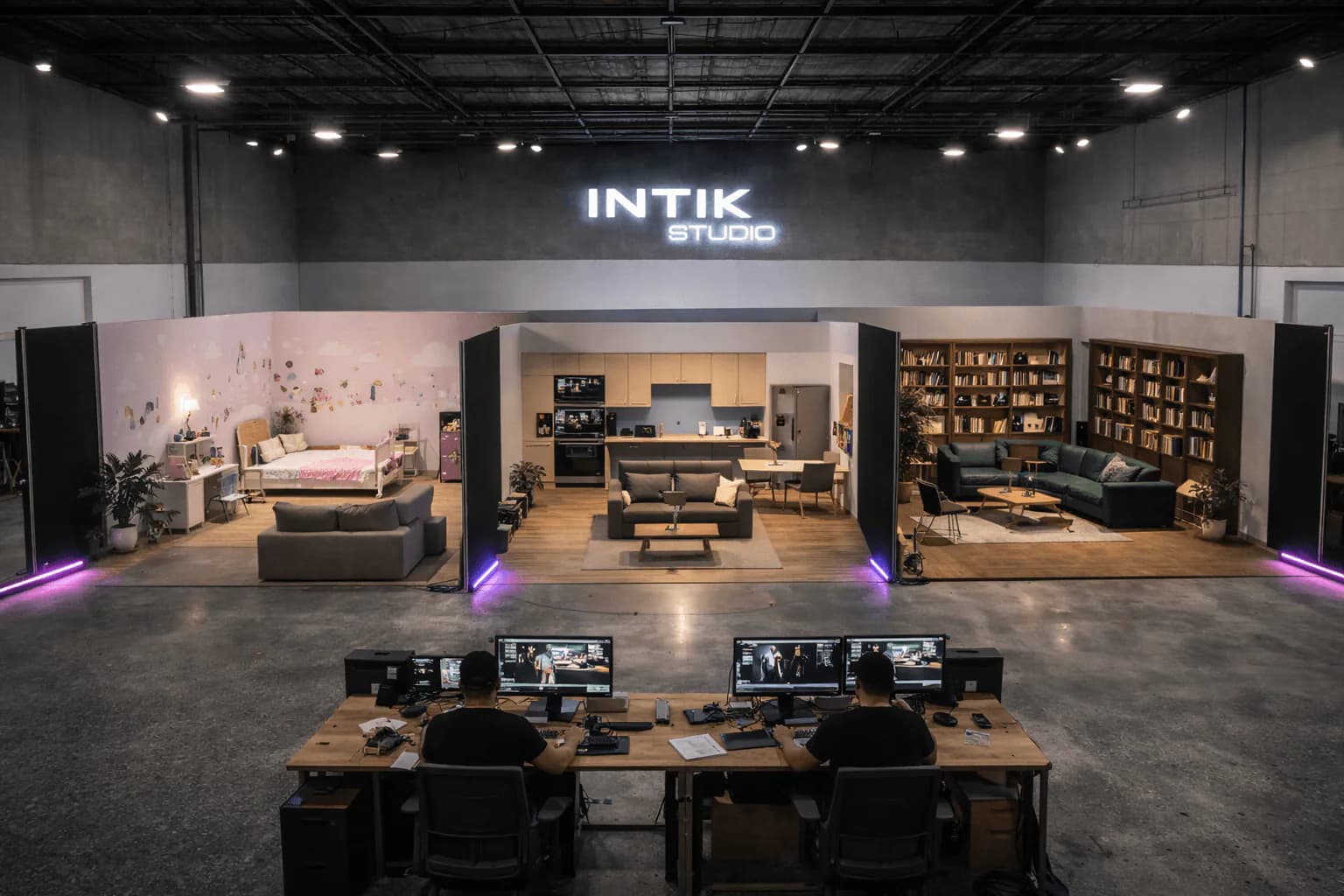 Trois décors montés côte à côte et la régie de contrôle sous le même toit, dans le hangar INTIK STUDIO